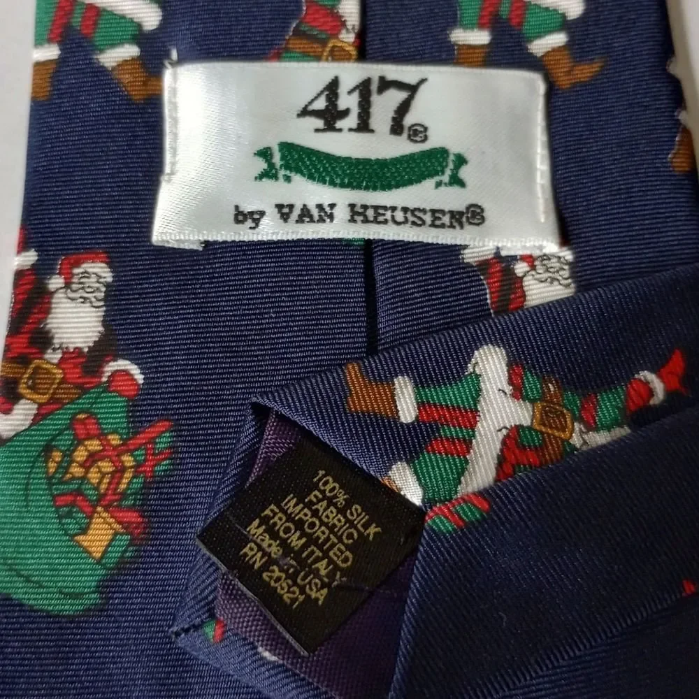 417 by Van Heusen Mens Navy Blue Silk Santa Claus Christmas Holiday Necktie